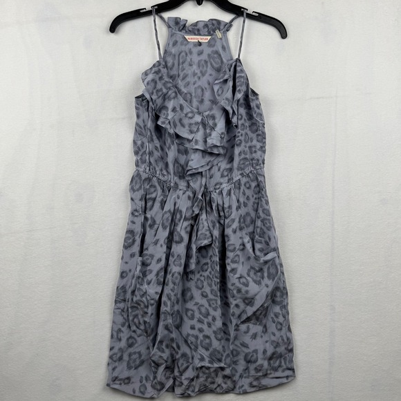 Rebecca Taylor Women's Gray Leopard Print Silk Ruffle Sleeveless Dress - Picture 1 of 7